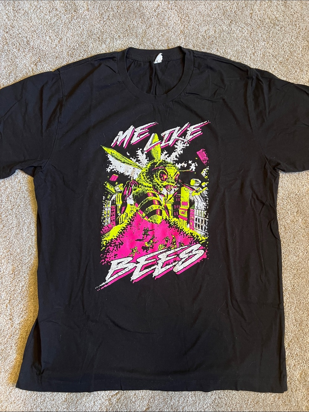 Alternative Black Graphic Tee with Neon Pink & Neon Yellow Bee Design